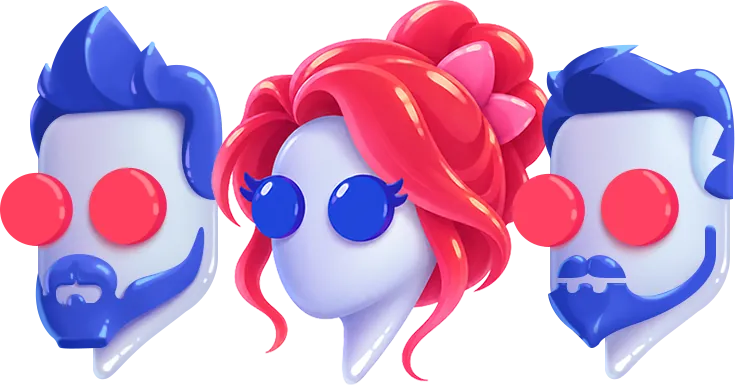 The Hyperbolt team as three 3D mascot heads: two bearded characters in blue and one with red hair