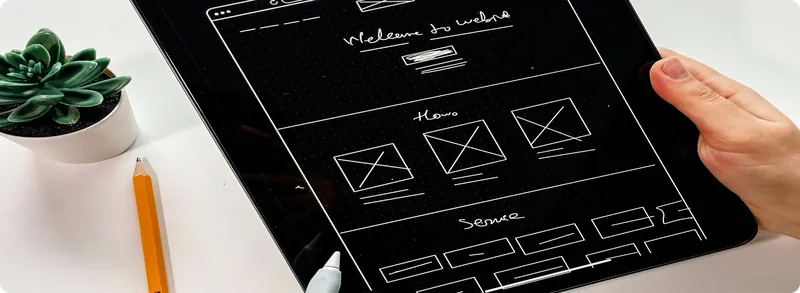 Hand holding a tablet with a hand-drawn website wireframe next to a succulent and a pencil