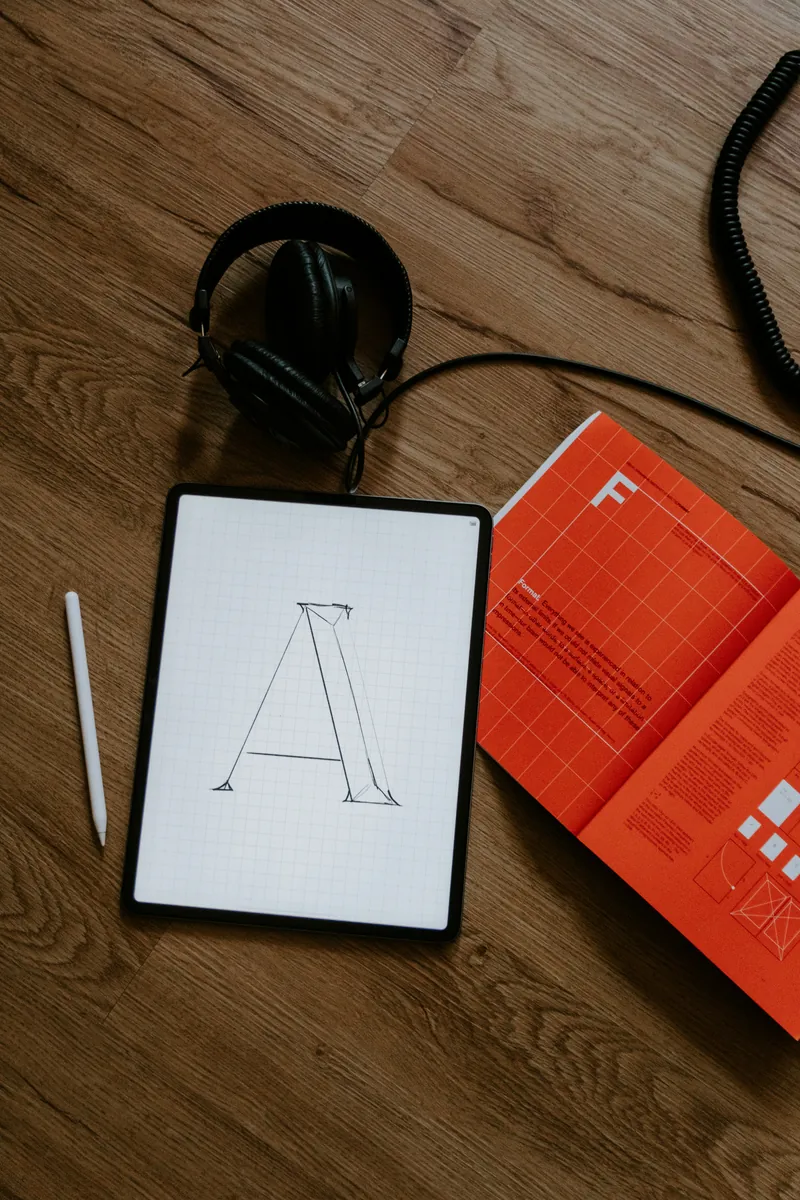 iPad showing a hand-drawn letter A next to an orange notebook