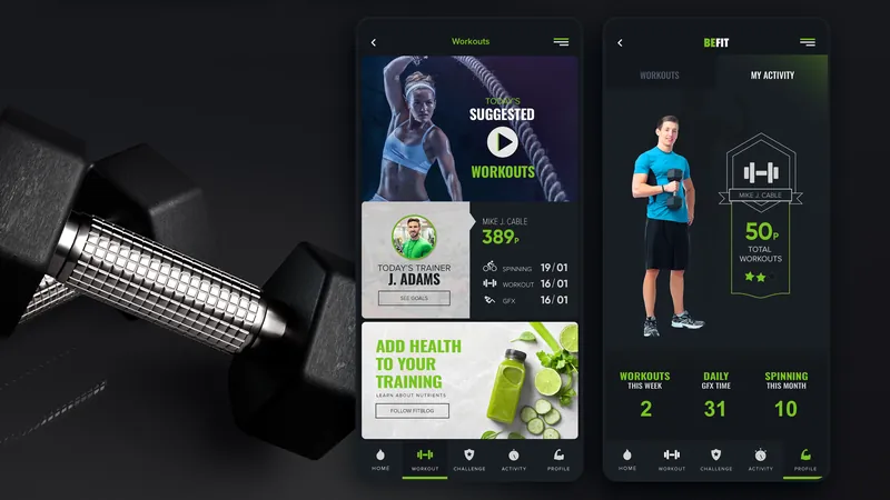 Befit workout and statistics screens next to a dumbbell