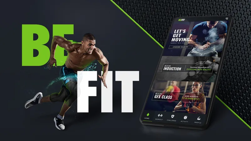 Befit logo in neon green with an athlete and the app on a phone