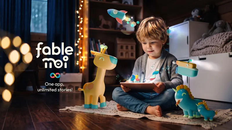 Boy reading a glowing Fable moi story on a tablet at night, surrounded by toy giraffe, dinosaurs and a rocket, beside the “One app, unlimited stories!” line