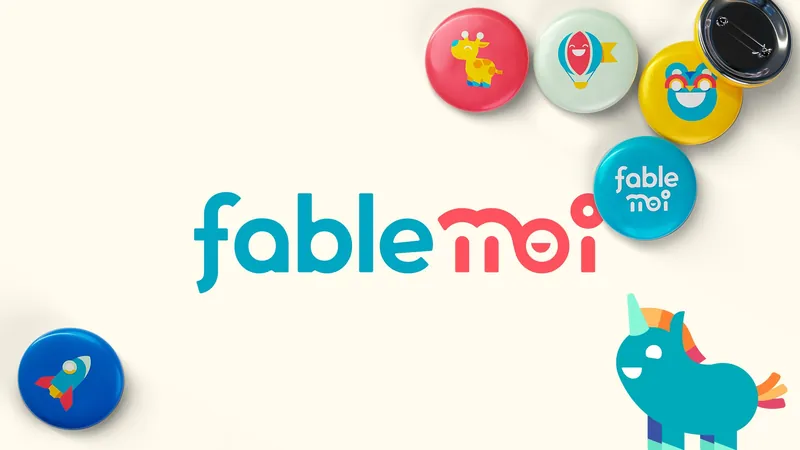 Fable moi wordmark on cream with character pin badges and a teal unicorn mascot