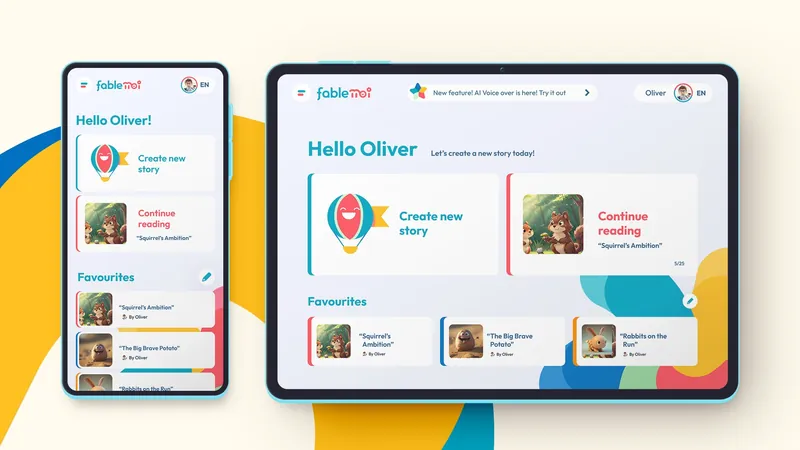 Fable moi home screen on a phone and tablet: “Hello Oliver”, create new story, continue reading and favourites