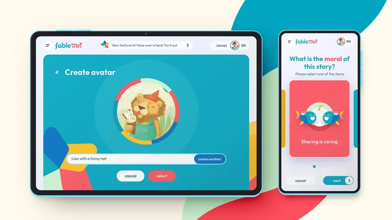 Fable moi “Create avatar” screen with a lion character on a tablet, and a “What is the moral of this story?” quiz on a phone