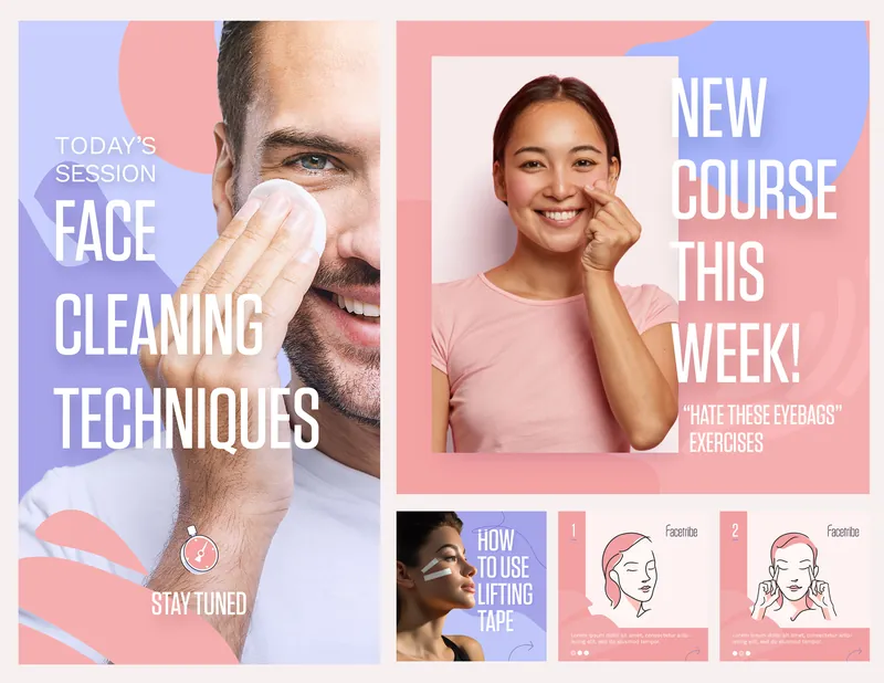 Facetribe social media posts for face cleaning techniques and new courses