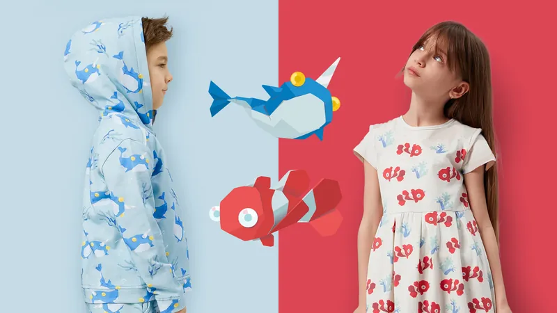 Children in Freshspark raincoat and dress with fish prints