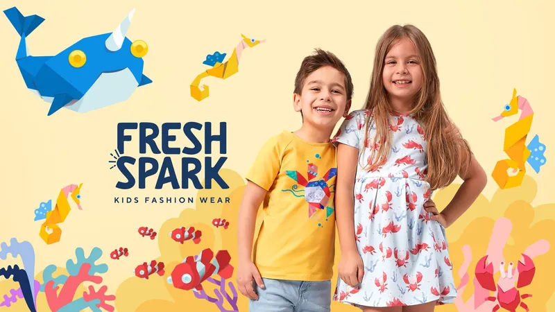 Two smiling children in Freshspark illustrated clothes beside the “Fresh Spark Kids Fashion Wear” logo and origami-style sea creatures