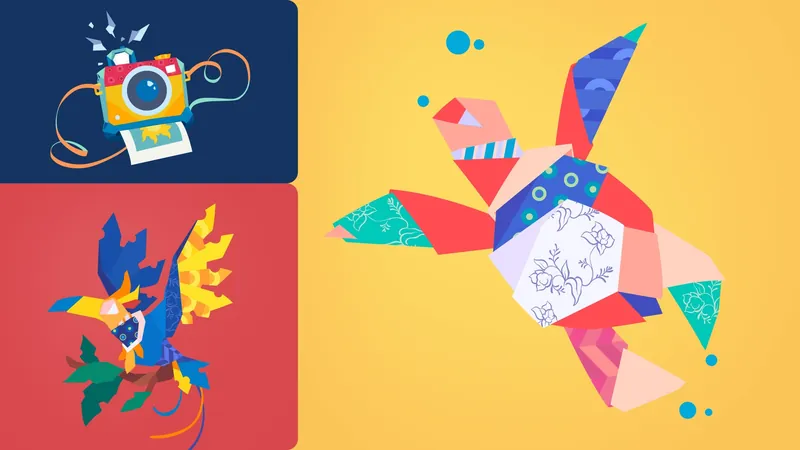 Freshspark origami-style illustrations: a patterned bird, a camera and a tropical bird on yellow, navy and red tiles
