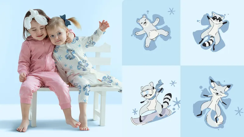 Two toddlers on a white bench in Freshspark winter pyjamas beside raccoon, polar bear and fox illustrations