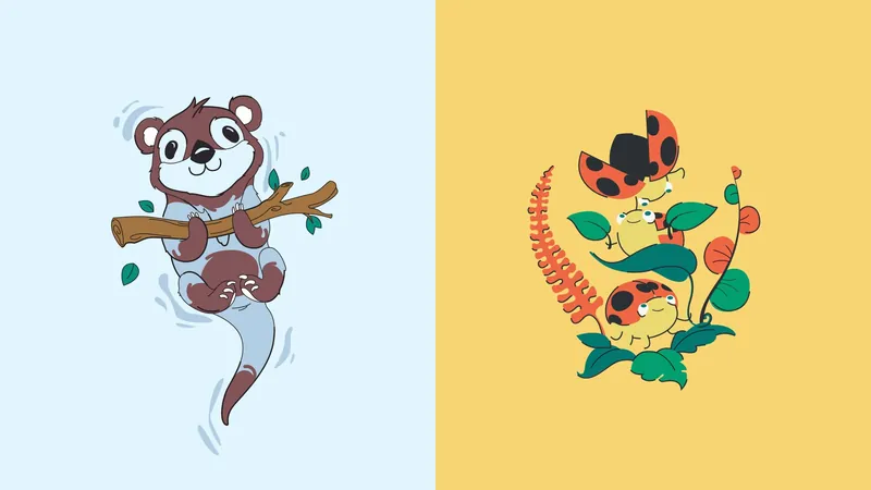 Freshspark illustrations of an otter hanging from a branch and two ladybirds among leaves