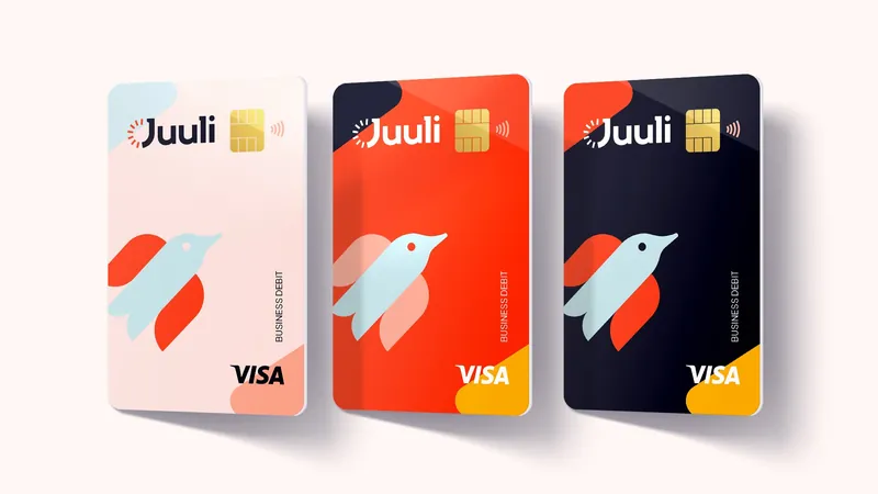 Juuli business debit cards in blush, orange-red and navy with the bird mark