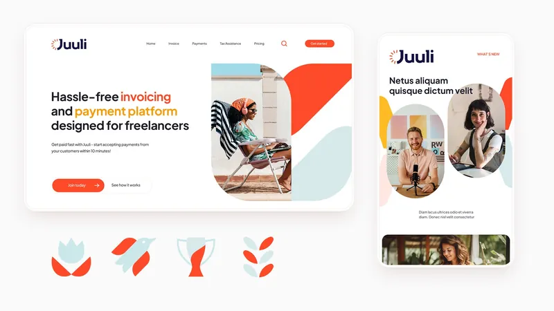 Juuli website and mobile pages for a hassle-free invoicing and payment platform, with brand icons below