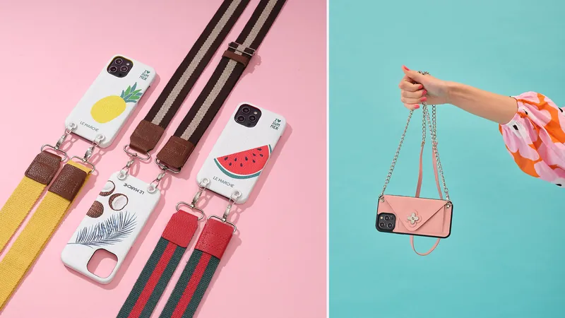 Le Marché phone cases with crossbody straps on pink and teal backgrounds