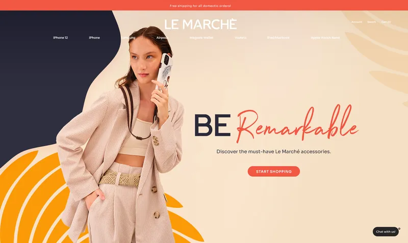 Le Marché website home page with a model and the “Be Remarkable” headline