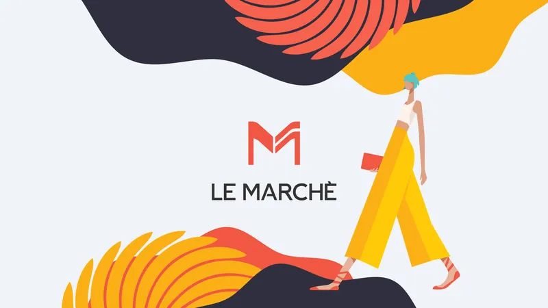 Le Marché logo with an illustrated woman in yellow walking across orange waves