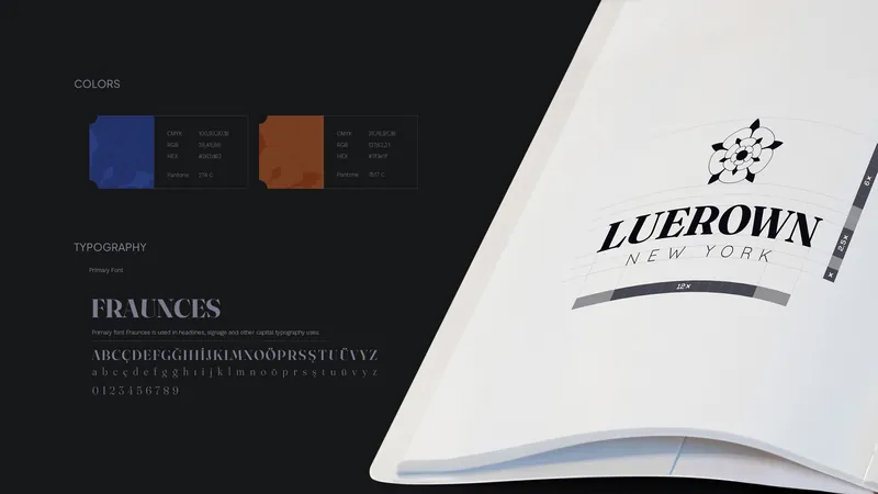 Luerown colour palette, typography and logo on a folded card