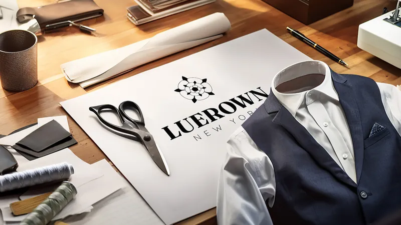 Luerown logo on a tailor’s table with a suit, scissors and fabric