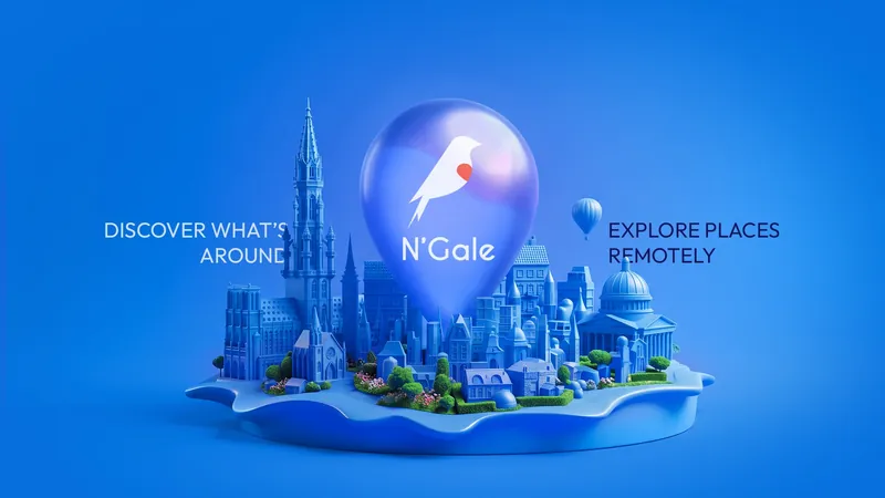 N’Gale map pin balloon over a miniature blue 3D city with “Discover what’s around” and “Explore places remotely” lines