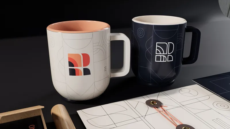 Romano branded mugs on a drafting table