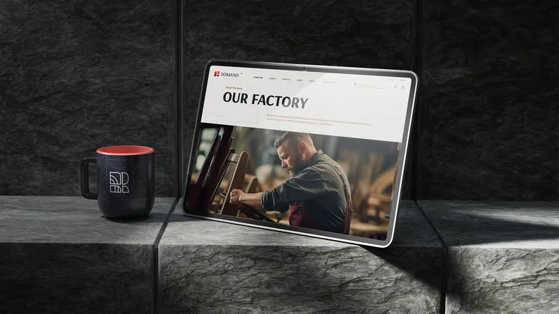 Romano website “Our factory” page on a tablet next to a branded mug