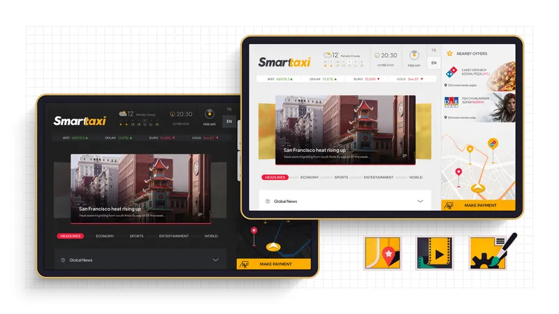 Smarttaxi content library and news screens on tablets