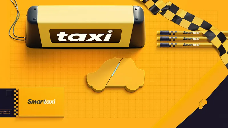 Yellow Smarttaxi roof sign, pencils and card on a yellow background
