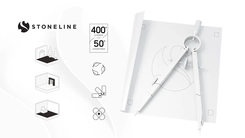 Stoneline logo with stone thickness icons and a drafting compass
