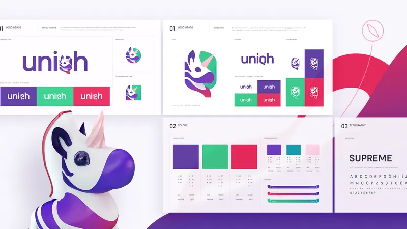Uniqh logo, colour palette, typography and unicorn mascot