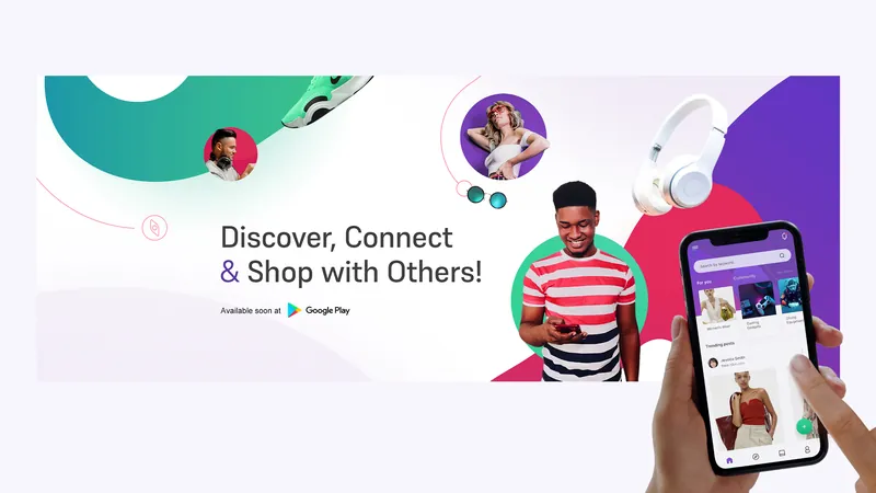 Uniqh “Discover, Connect & Shop with Others” web banner with a shopper holding the app