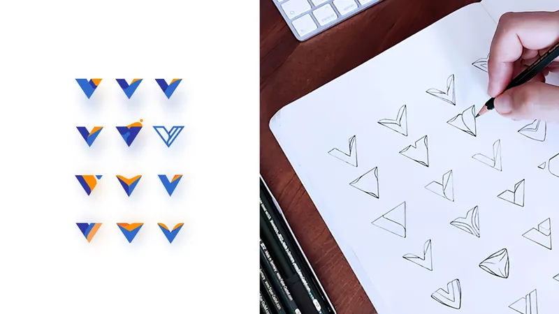Vesium logo variations and hand sketches of the V mark