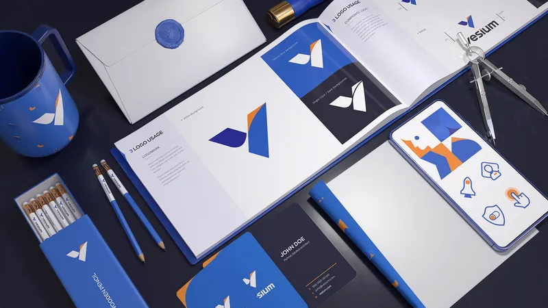 Vesium stationery set in blue and white with mug, notebooks and business cards