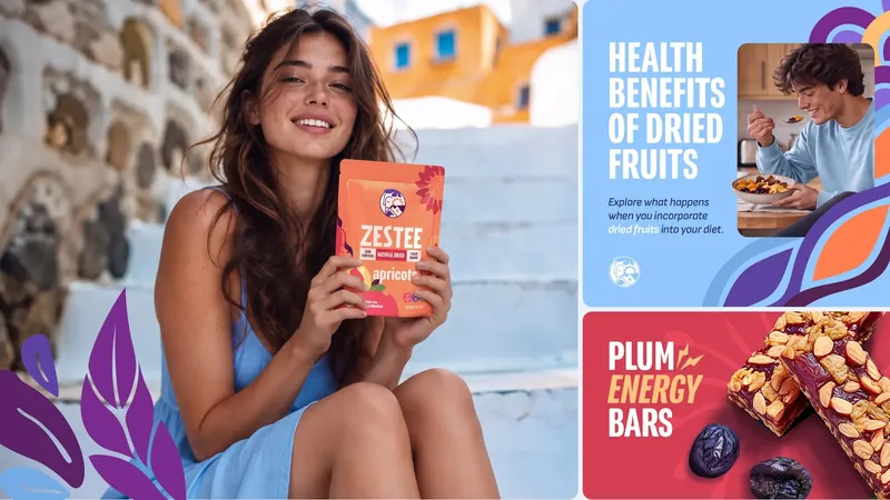 Woman on sunny Mediterranean steps holding a Zestee pouch, beside “Health benefits of dried fruits” and “Plum energy bars” social posts
