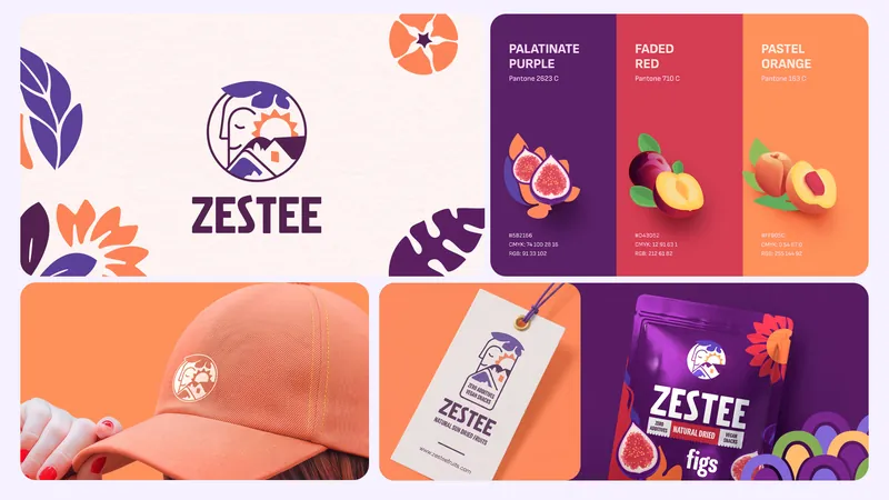 Zestee brand board with logo, colour palette, cap, tag and a pouch of dried figs