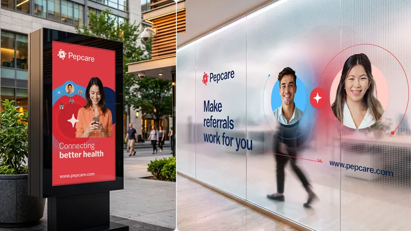 Pepcare brand campaign on a street kiosk and glass office wall