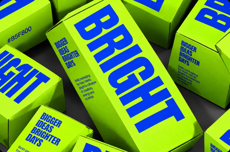 Lime-green “Bright” packaging boxes with bold blue type reading “Bigger ideas, brighter days”