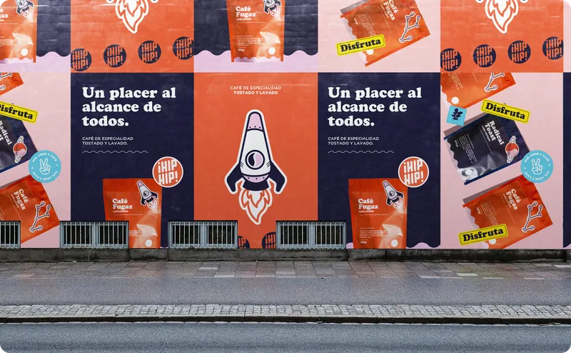 Street wall covered in orange and navy Café Fugaz posters with a rocket mascot