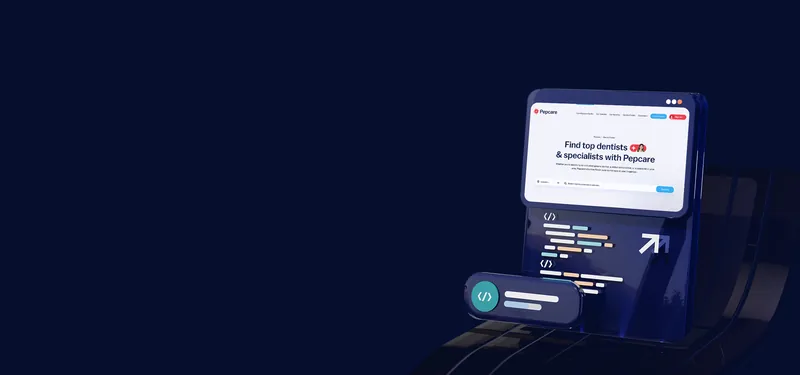Tablet showing the Pepcare website above floating code blocks