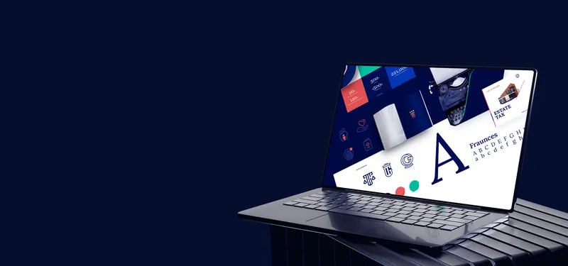 Laptop showing a brand identity board with typography and icons