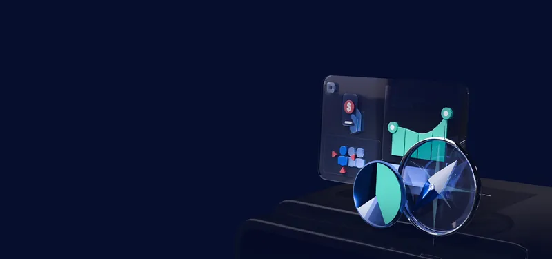 3D render of a compass over analytics charts