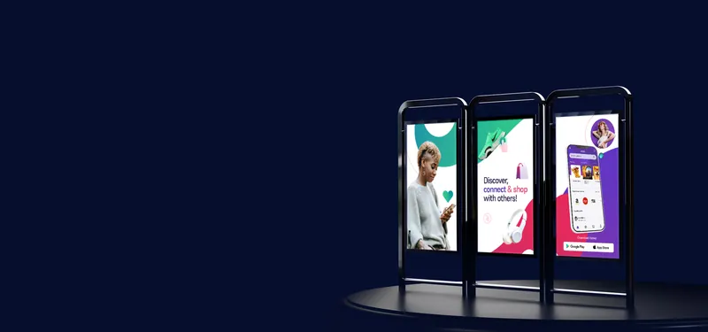 Three digital kiosk screens running a shopping app campaign
