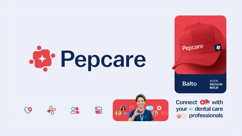Pepcare logo board with a branded red cap, typography and interface icons