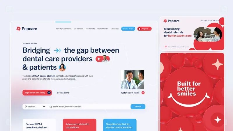 Pepcare website home page and feature cards for dentists and patients