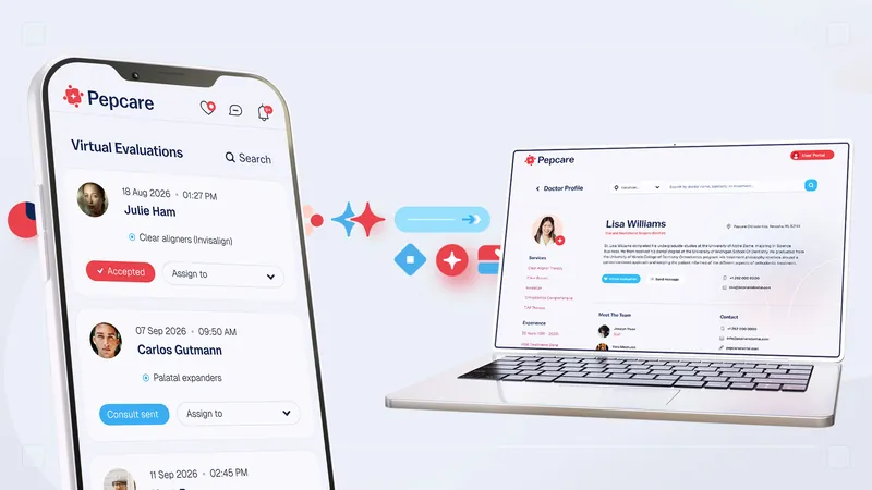 Pepcare doctor search on a phone next to the web app on a laptop