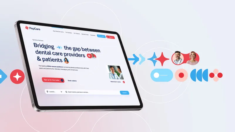 Pepcare website on a tablet surrounded by the brand’s moving shapes, doctor avatars and connection icons