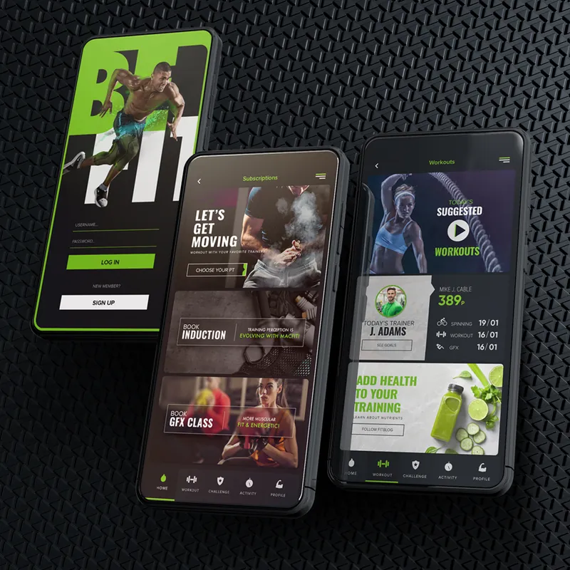 Be Fit gym loyalty app screens on three phones against a dark textured background