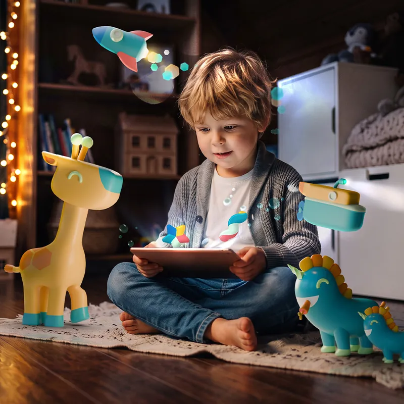 Child reading a story on a tablet in a cosy bedroom next to a toy giraffe and dinosaurs