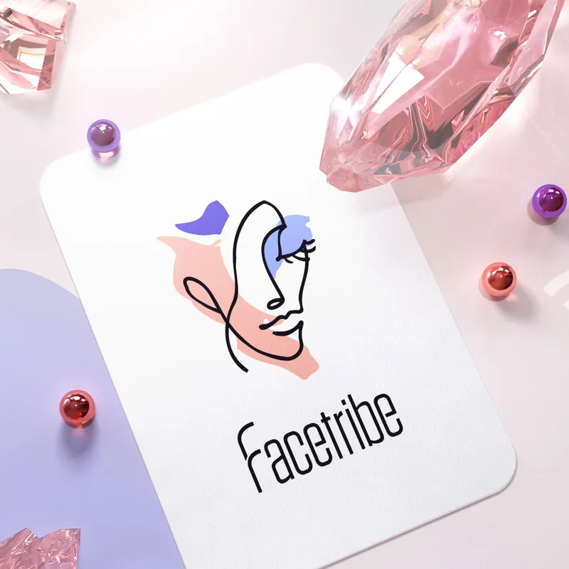 Facetribe card with a line-art face logo on a pink surface