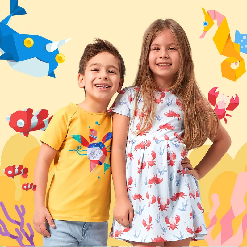 Two smiling children wearing colourful Fresh Spark clothing on an illustrated background