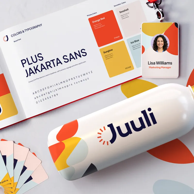 Juuli brand identity: Plus Jakarta Sans type card, colour swatches, profile card and a branded bottle